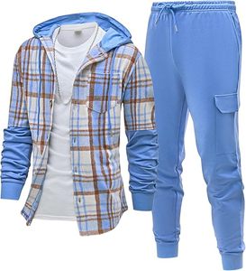 Ensemble de survêtement 2 pièces pour homme, sweat à capuche en flanelle à carreaux en polaire - Product Image 1