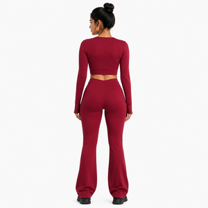 Customised Logo <b>Women</b> 2 Piece Yoga Set Long Sleeve Wrap V Neck Crop Top Cross V Waist <b>Flare</b> <b>Leggings</b> Gym Athleisure Activewear - Product Image 2