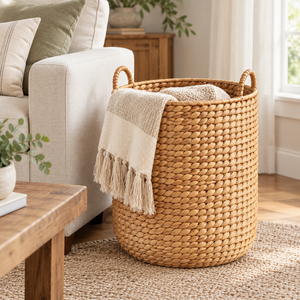 Customizable Eco-Friendly <b>Water</b> <b>Hyacinth</b> Circle Woven <b>Storage</b> <b>Basket</b> with Handles for Laundry and Home Organization Wholesale - Product Image 5