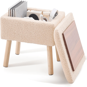 Pouf Contemporaneo Rettangolare con Rivestimento in Pile Teddy e Gambe in Legno Massello, Poggiapiedi Beige per Ingresso di Casa - Product Image 1