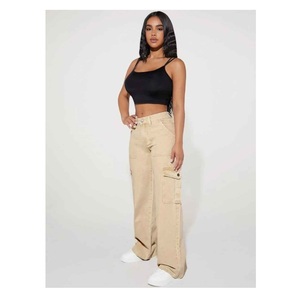 Pantalon cargo en jean taille haute décontracté pour femme, coupe ample et décontractée, longueur cheville, poches pratiques, idéal pour l'été – Qualité supérieure - Product Image 1