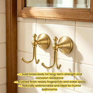 Gancho de pared de latón cepillado de doble púa con placa trasera redonda contemporánea, colgador metálico para toallas, batas, bolsos y accesorios de baño premium - Product Image 6