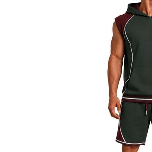Conjunto Deportivo para Hombre, Color Verde Oscuro/Burdeos, Sin Mangas, con Capucha, Logotipo Personalizado, para Gimnasio, Fitness, Entrenamiento, Sudadera con Capucha y Pantalones Cortos, Ropa Deportiva - Product Image 3