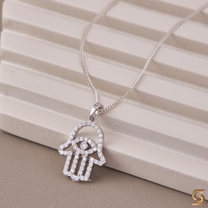 Moissanite Hamsa Hand <b>Pendant</b> Necklace in 18K <b>Solid</b> White <b>Gold</b> | Protection Charm | Moissanite Diamond Spiritual Fine Jewelry - Product Image 6