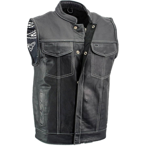 Samroz Sports <b>Men's</b> Black Premium Leather Motorcycle Biker Rider <b>Vest</b> w/<b>White</b> Stitching and Paisley Liner - Product Image 1