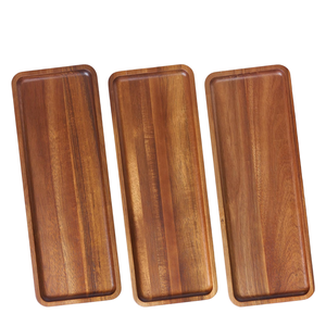 Ensemble de 3 plateaux de service modernes en bois d'acacia écologiques faits à la main, plateaux décoratifs rectangulaires sans danger pour les aliments avec poignées surélevées pour la maison - Product Image 1