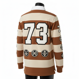 Maillot de rugby pour femme en coton piqué 260 GSM, marron beige, avec empiècements rayés et appliqué brodé, logo personnalisé - Product Image 5