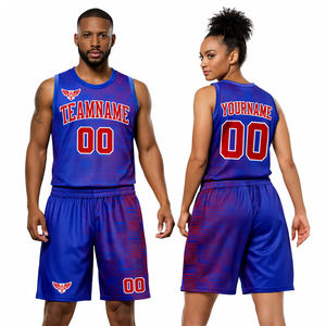Ensemble d'uniformes de basket-ball personnalisés bleu et rouge pour hommes et femmes, maillot et short en maille respirante, nom et numéro d'équipe personnalisés - Product Image 1