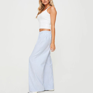 Pantalones de Mujer con Logotipo Personalizado, Casuales, 100% Algodón, Holgados, con Rayas Azules, Pantalones Largos, Tallas Grandes - Product Image 3