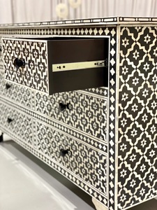 Classic Style Wooden <b>Chest</b> of Drawers with Black and White Geometric Inlay Pattern <b>Storage</b> Cabinet for Living Room - Product Image 5