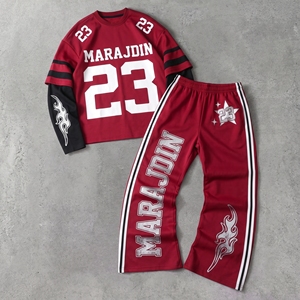 Streetwear Manufacturer Casual <b>Men's</b> Tracksuits Custom Lettering Digital Printing <b>Men's</b> Long Sleeve T-shirt and Sweatpants Set - Product Image 4