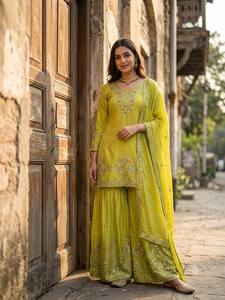 <b>Women</b> Yellow Embroidered Sharara <b>Suit</b> Floor Length Loose Fit Traditional Indian Pakistani <b>Wedding</b> Set - Product Image 1