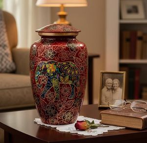 Handmade Ceramic Teardrop Urn <b>Red</b> With Elephant Floral Design Durable Pet Casket Memorial <b>Vase</b> - Product Image 4