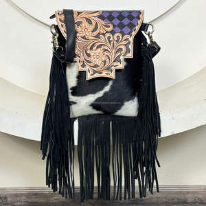 Sac bandoulière en cuir de vachette véritable fait main avec franges et motif à carreaux, assorti à une pochette pour femme, élégant sac à main – Collection March Expo - Product Image 5