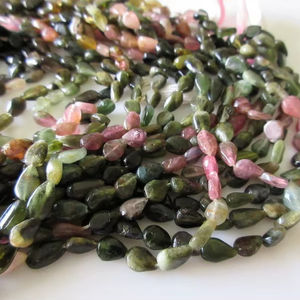 5 Hilos de Turmalina Natural, Perlas Rectas y Lisas Perforadas en Forma de Pera, Turmalina Rosa y Verde, Hilo de Piedras Preciosas - Product Image 1