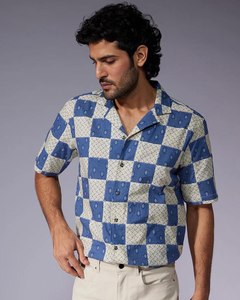 Men Premium Cotton <b>Half</b> Sleeve Geometric Print <b>Shirt</b> Cuban Collar Regular Fit <b>Button</b> Closure Casual Beach Resort Summer Fashion - Product Image 1
