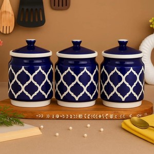 Stylish Ceramic <b>Storage</b> Jar Wooden Lid Airtight <b>Kitchen</b> Organizer Geometric Pattern Durable Food Safe <b>Container</b> - Product Image 4