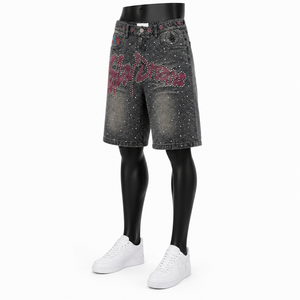 Pantalones Cortos de Mezclilla con Gráficos de Diamantes de Imitación Personalizados para Hombre, Estilo Vintage Lavado, Holgados, Streetwear, OEM ODM al por Mayor - Product Image 3