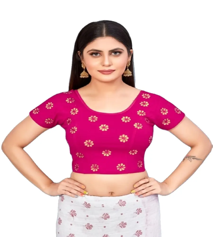 Blusa de algodón de media manga estilo indio para mujer, ropa Formal de diseñador, color amarillo, tejido elástico, corte regular