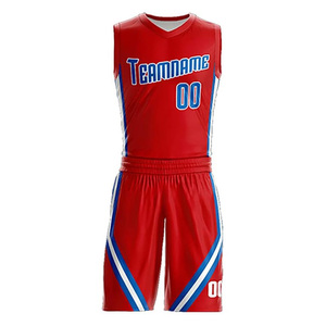 Uniformes de basket-ball personnalisés rouge bleu blanc sublimés avec nom d'équipe, maillot et short unisexe pour adulte, coupe athlétique, évacuation de l'humidité - Product Image 1