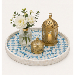 Round Bone Inlay Serving Tray Geometric Blue and White Mother of Pearl <b>Mosaic</b> Decorative Tray Wholesale Coffee Table Centerpiece - Product Image 4