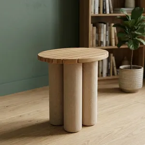 Modern Scandinavian Wood <b>Side</b> <b>Table</b> with <b>Round</b> Top and Textured Legs Living Room Furniture - Product Image 2