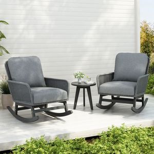 Moderna sedia a dondolo in 3 pezzi da esterno in Rattan Set di colore grigio con accento in legno imbottito tavolo per il relax del balcone del Patio - Product Image 1
