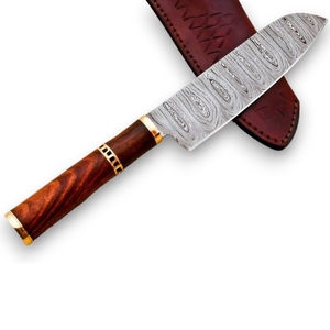 Cuchillo de Cocina Hecho a Mano de Alta Calidad, Personalizable, Hoja de Acero de Damasco, Mango de Madera de Palisandro, Separadores de Latón, Borde Recto de 0.45mm - Product Image 1