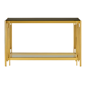 Table console de luxe dorée avec plateau en marbre blanc, structure métallique géométrique, meuble d'appoint pour entrée, canapé, couloir, à prix avantageux - Product Image 3