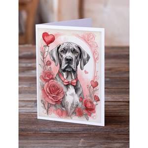 Great Dane Valentine Roses A7 Whimsical Tarjetas de felicitación en blanco Paquete de 8 con sobres 5x7 Tamaño de nota - Product Image 2