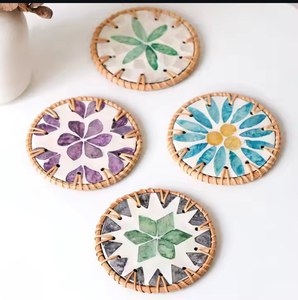 Vintage Style Rattan Woven Tea <b>Coaster</b> <b>Set</b> Of 4 With Resin And MOP Inlay Mats & Pads placemat Drinkware <b>coaster</b> At Best Price - Product Image 6