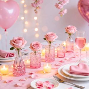 Set di 12 Mini Vasi in Vetro Rosa Vintage per Decorazioni Matrimoniali, Ideali per Fiori Singoli e Centrotavola - Product Image 1