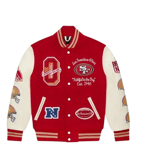 Red <b>White</b> Football Inspired Varsity <b>Jacket</b> Chenille Patch Wool Leather Letterman <b>Jacket</b> - Product Image 4