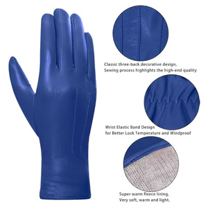 Gants en cuir véritable pour femmes, mode hiver, luxe, gants en cuir bleu pour dames avec poignet plissé - Product Image 4