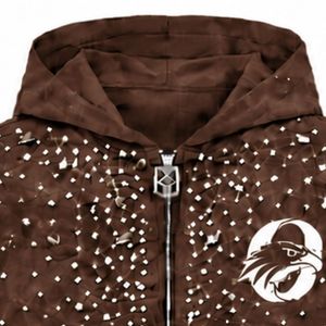 Chocolate Brown Pearl Full <b>Zip</b> <b>Hoodie</b> Crystal Studded Streetwear Jacket Long Sleeve Hooded Sweatshirt With Front <b>Pockets</b> - Product Image 3