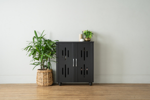 Modern Walnut Compact Wooden Cabinet Double <b>Door</b> Low Level Storage for Apartment Rental Property and Hallway Walkway <b>Stand</b> - Product Image 5