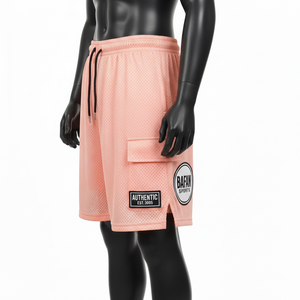 Shorts de sport pour homme en mesh de haute qualité, légers, en polyester, couleur pêche, avec poche latérale et logo thermocollé. - Product Image 3