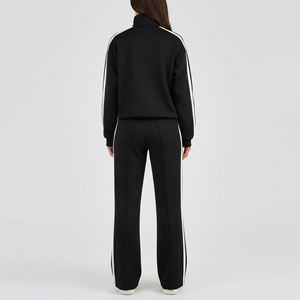 Vêtements décontractés d'hiver, couleur unie, bandes latérales, 100% coton, ensemble de survêtement zippé pour femmes, 2 pièces, dentelle brodée - Product Image 2