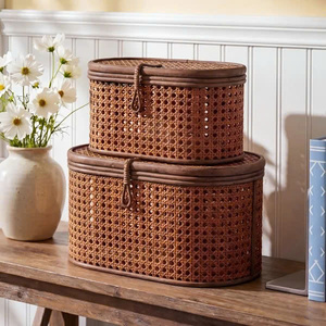 Top Selling Brown Rattan Cane Webbing Storage Suitcase Set 2-Piece Oval Trunk <b>Box</b> Bas with Lid Suitable for Home & Picnic Decor - Product Image 1