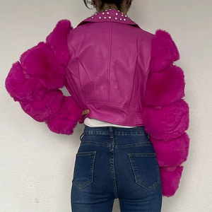 เสื้อแจ็คเก็ตหนังเทียมตกแต่งคริสตัล แขนเสื้อขนาดใหญ่พิเศษแบบหนานุ่ม - Product Image 4