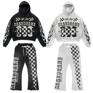 Ensemble sweat-shirt et pantalon oversize streetwear pour garçons, en coton uni, hiver, avec impression personnalisée, broderie effet vieilli et délavage acide - Product Image 4