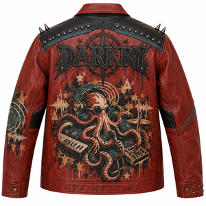 Red Mens Leather Coach Jacket Octopus DJ Graphic <b>Studded</b> Spiked Biker Coat Lapel Custom OEM ODM Factory Wholesale Manufacturer - Product Image 2