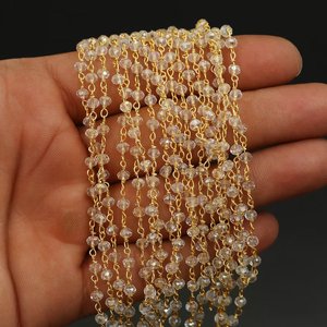 Crystal Quartz Hydro <b>Rosary</b> Chain Gold Plated Wire Wrapped 3mm Faceted Rondelle Beaded Chain Jewelry Making - Product Image 1