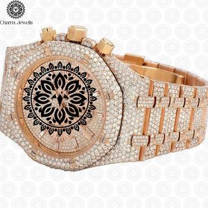 Charm_Jewells Luxury Gold Diamond Encrusted <b>Chronograph</b> Watch Analog Quartz Men's Fashion 42mm Round Case Folding Clasp - Product Image 2