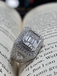 Iced Out Sterling <b>Silver</b> Moissanite Cocktail <b>Ring</b> <b>Emerald</b> Cut Pave Setting Geometric Luxury Engagement <b>Ring</b> - Product Image 3