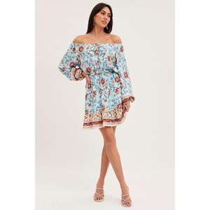 Vestido mini bohemio con estampado floral y hombros descubiertos para mujer, vestido informal de verano de manga larga para la playa - Product Image 1