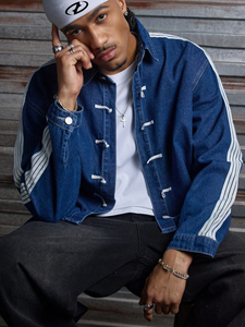 <b>Mens</b> <b>Denim</b> <b>Jacket</b> Indigo Frog Button Side Stripe Oriental Kung Fu Boxy Streetwear Washed Zip Up Collared Custom OEM Supplier - Product Image 2
