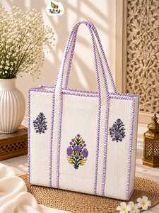Sac fourre-tout Stockify de qualité supérieure en toile de coton brodée de fleurs, réutilisable, pour femmes, disponible à la vente - Product Image 4