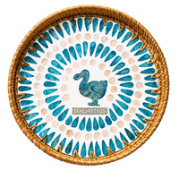 Plateau décoratif en rotin et nacre, motif mosaïque dodo d'île Maurice bleu rond exquis, pour service de cuisine et vaisselle