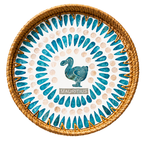 Plateau décoratif en rotin et nacre, motif mosaïque dodo d'île Maurice bleu rond exquis, pour service de cuisine et vaisselle - Product Image 1